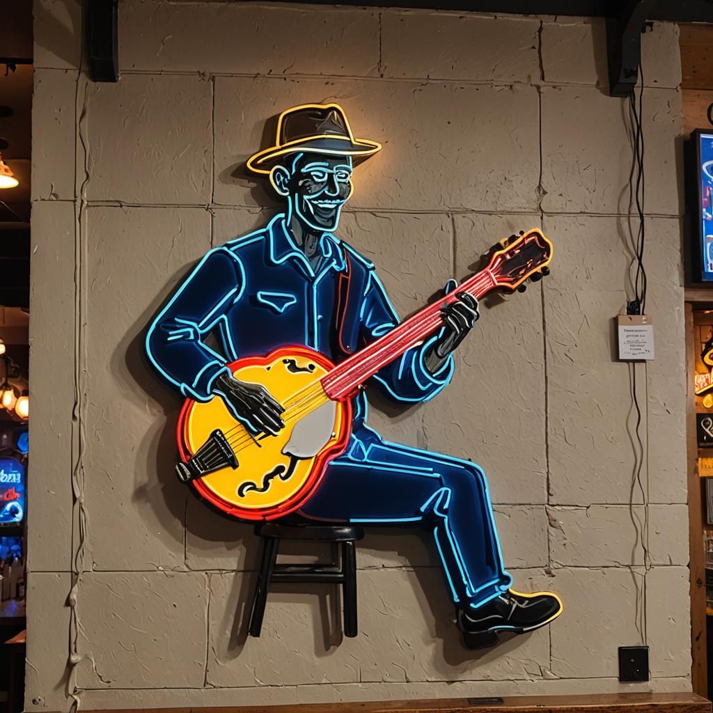 neon sign of a guitar player on a wall