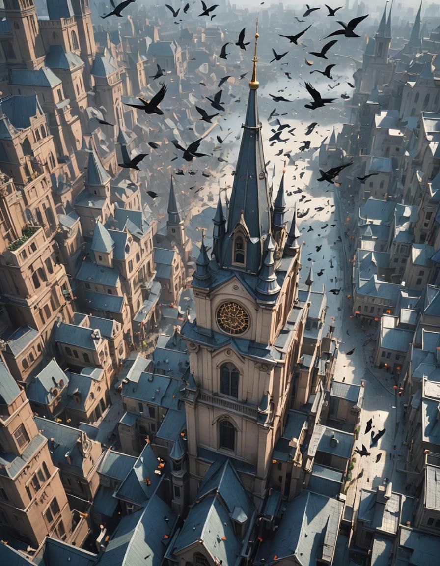 city of spires, flock of birds, overcast, seen from ground