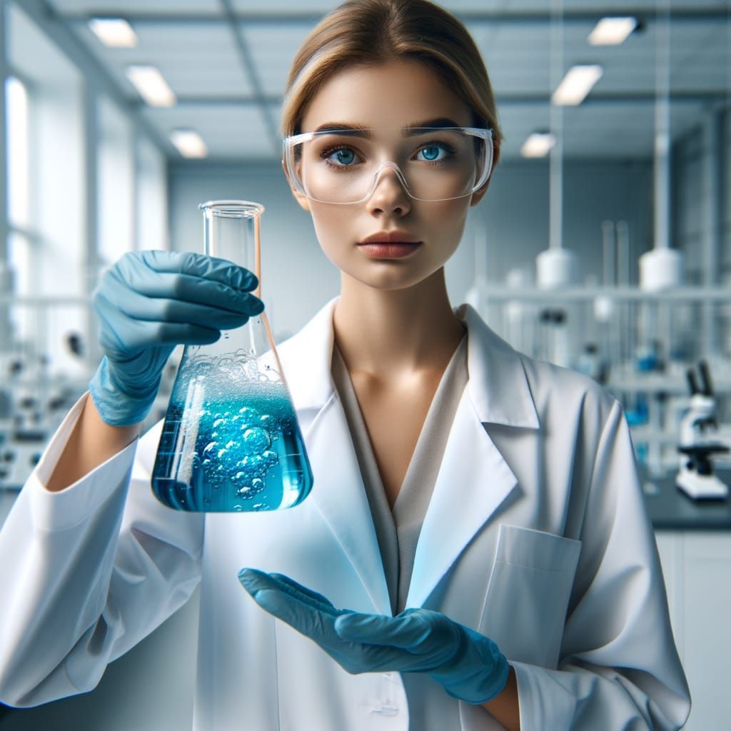 Female Scientist Focused on Blue Chemical Reaction