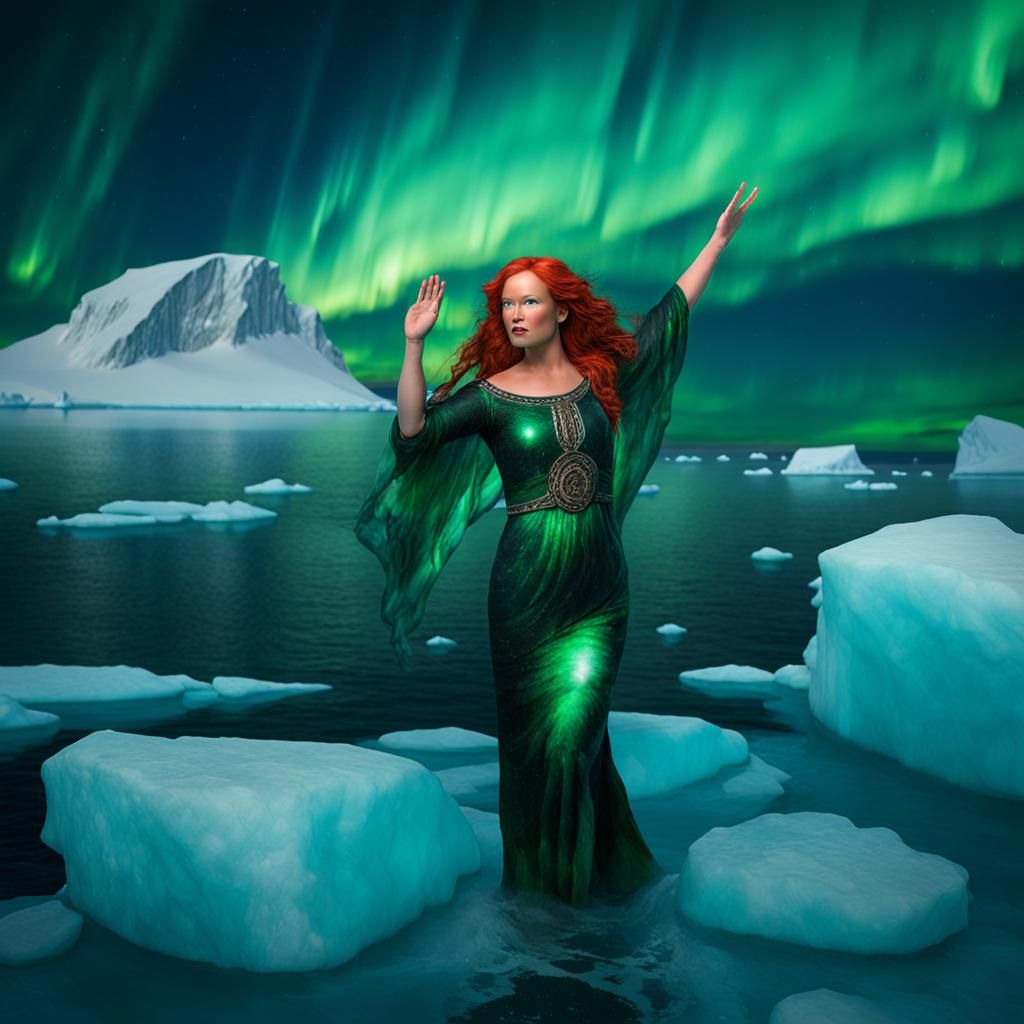 Igloo in arctic pole, midnight, northern lights, water and i...