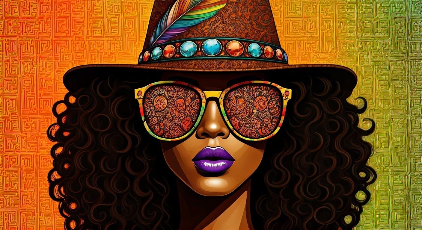 A portrait of an exotic black woman with purple lipstick, we...