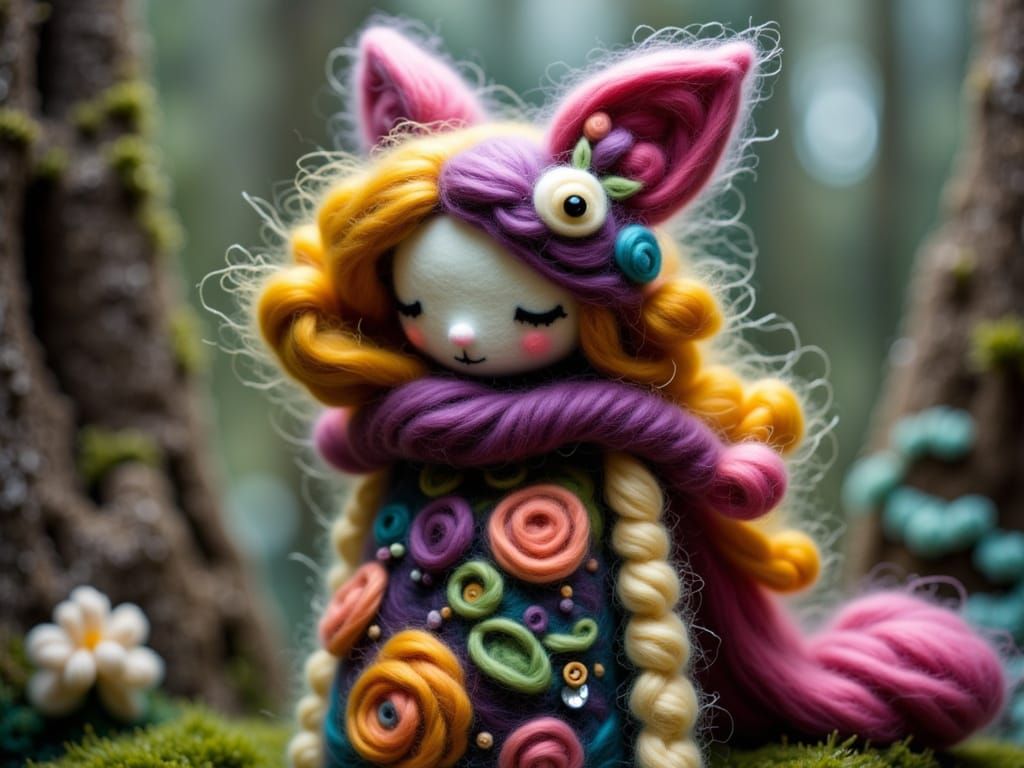 <lora:Felted Wool Flux:1.0> mixed-media art, ethereal forest spirit guardian made of felted wool, metal, wooden, clay, glass, woolen, paper,...