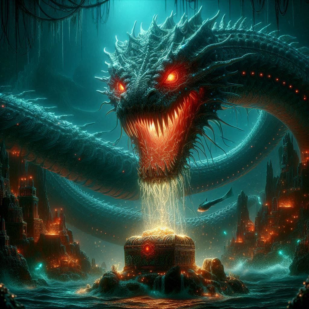 A multi-headed serpent guarding a hidden treasure under the deep sea 2