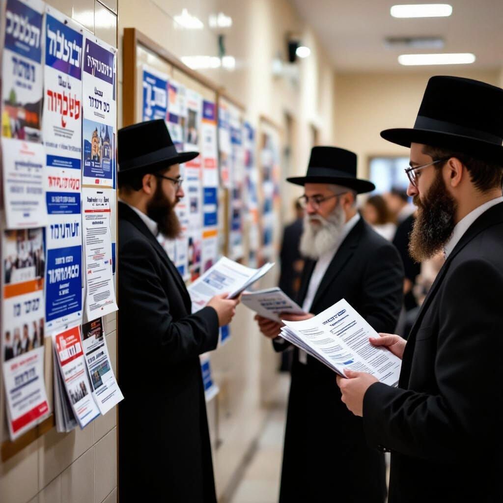  spacious room and looking at a bulletin board filled with Hebrew campaign posters and brochures. One of the men is holding and reading an o...