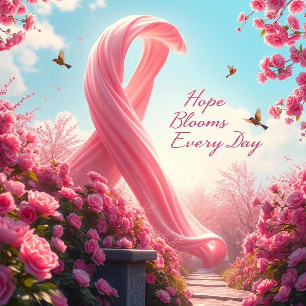An image of a garden full of vibrant pink flowers, with a large pink ribbon standing tall in the center ...  by @xSexyKx