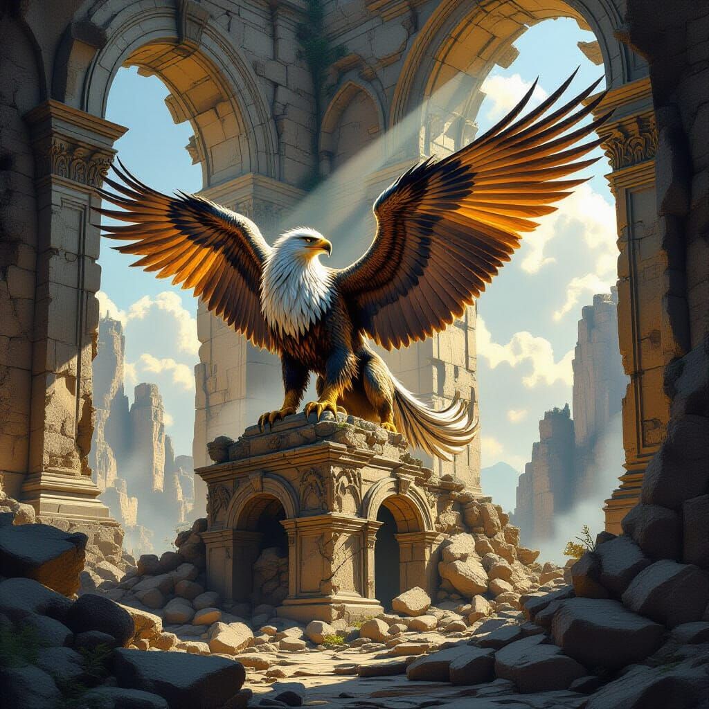 WAS SUPPOSED TO BE...A majestic griffin, with the body of a lion and the head and wings of an eagle, perched atop a crumbling ancient ruin. Sunlight streams thro...