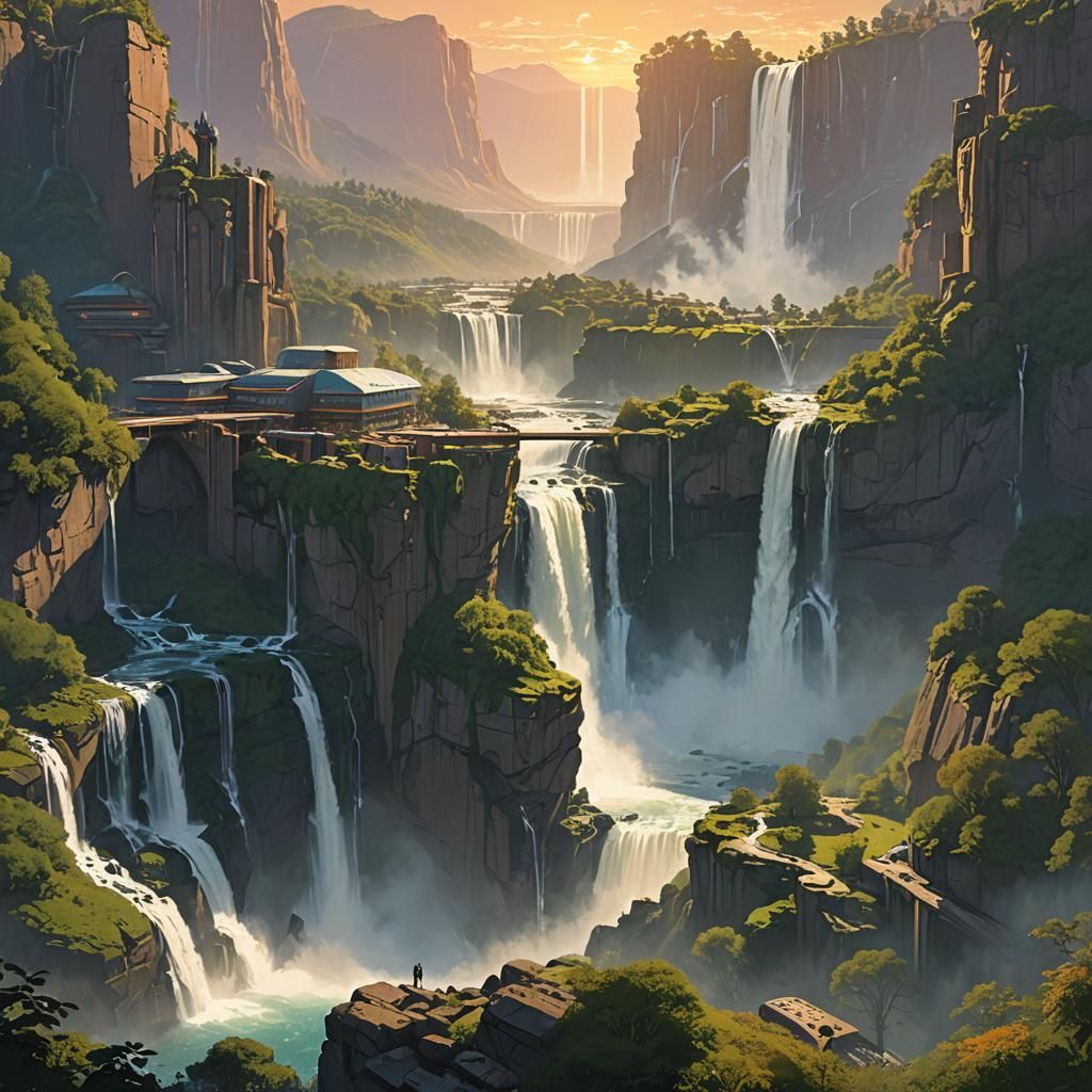 Majestic Waterfall City in Fantasy Concept Art Style