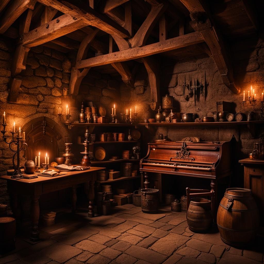 Intriguing scenes showcasing the dimly lit chambers of medieval lairs, adorned with antique furnishings, ...  by @Erika Szabó