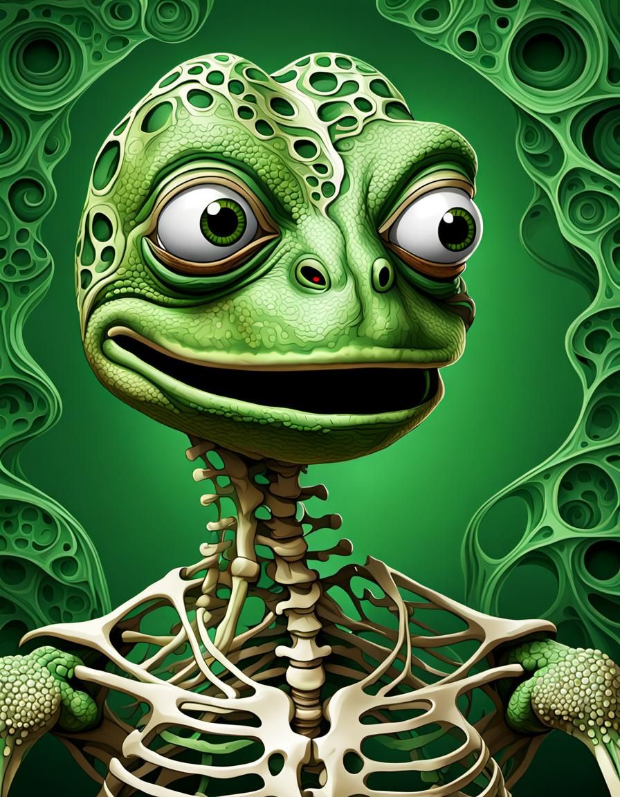 A portrait of Pepe the Frog with his ribcage skeleton visibl...