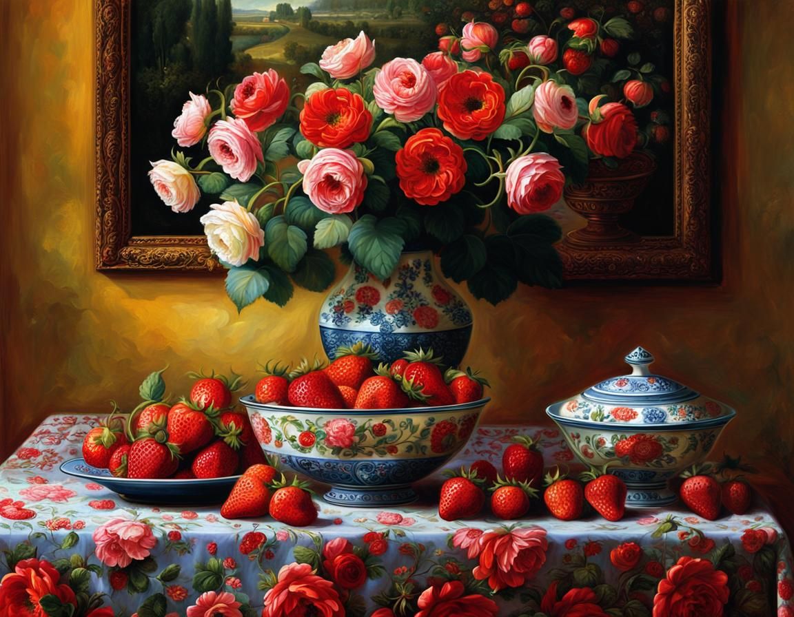 Still life - roses and strawberries