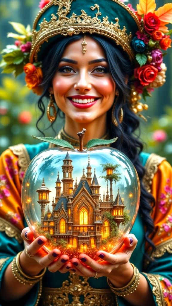 A smiling attractive Gypsy, immaculately dressed holding glass apple, Daytime a Tilt-shift double exposure on glass of an intricately detail...