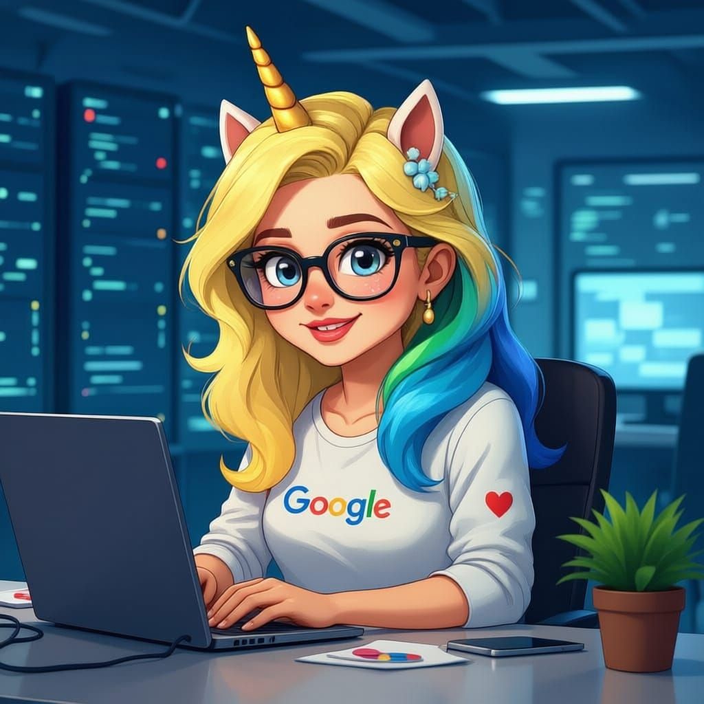 Geeky unicorn with glasses and a laptop.  she works in a data center and has hair the same color as the Google logo. shes older and loves te...