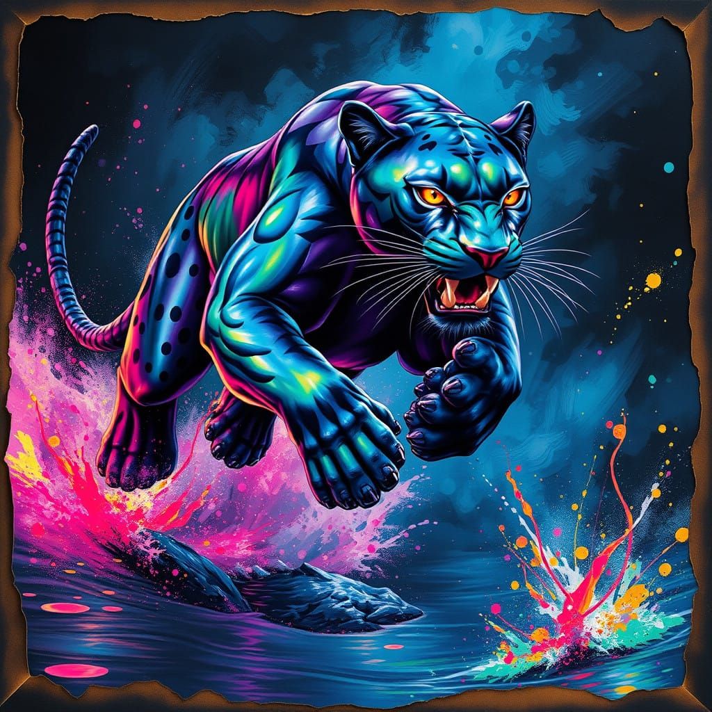 Majestic Giant Panther Leaps into Vibrant, Otherworldly Real...