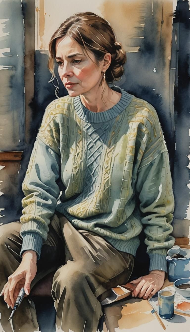 contemplative Constance in a coarsely woven sweater, slacks