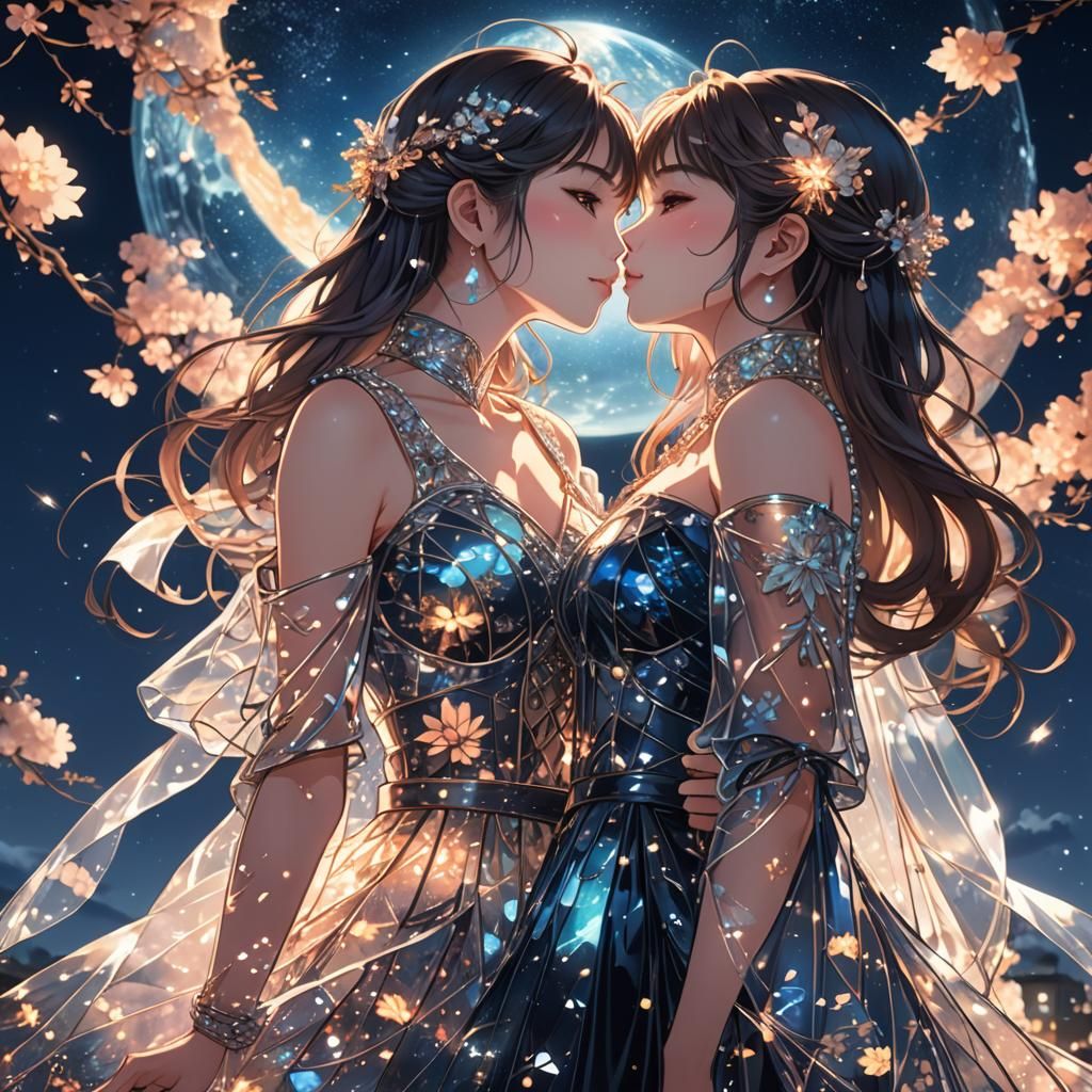 2 beautiful japanese women wearing an intricate transparent glass dress and  glowing transparent glass jewelry kissing each other. Dazzling n... - AI  Generated Artwork - NightCafe Creator