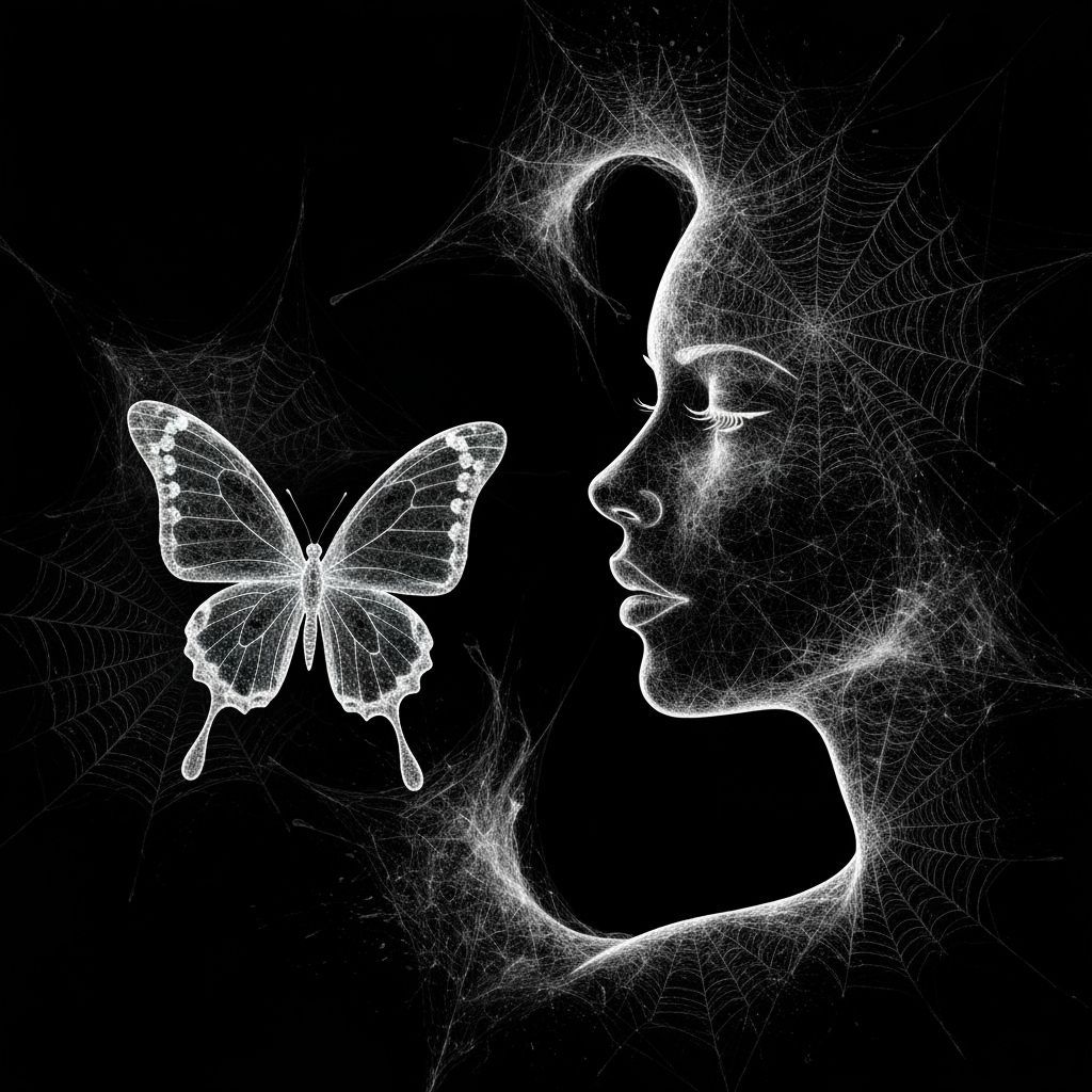 Two faces made of spiderwebs, one butterfly-shaped and the other a woman's face shape. The background ...  by @morr5750