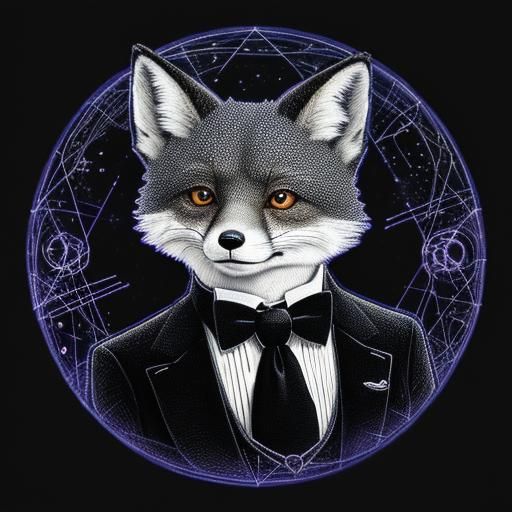 An anthropomorphic fox wearing a tuxedo at a dinner party.