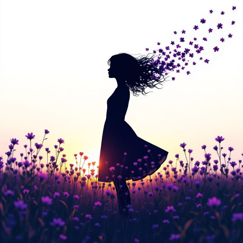 Girl Silhouette of Purple Flowers Against White  by @Yemeni Artist