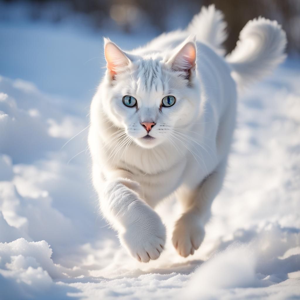 There is a white cat running on the snow
