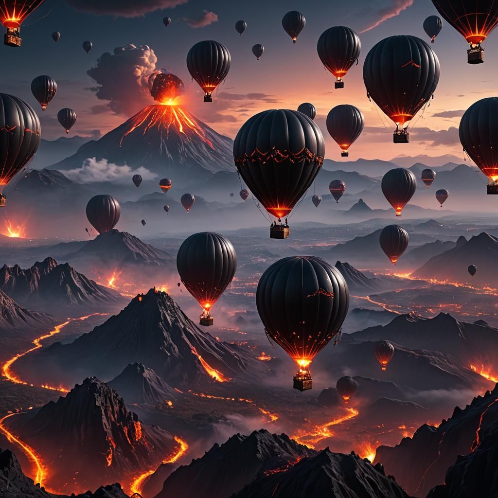 volcano black hot air balloons in moonlight
