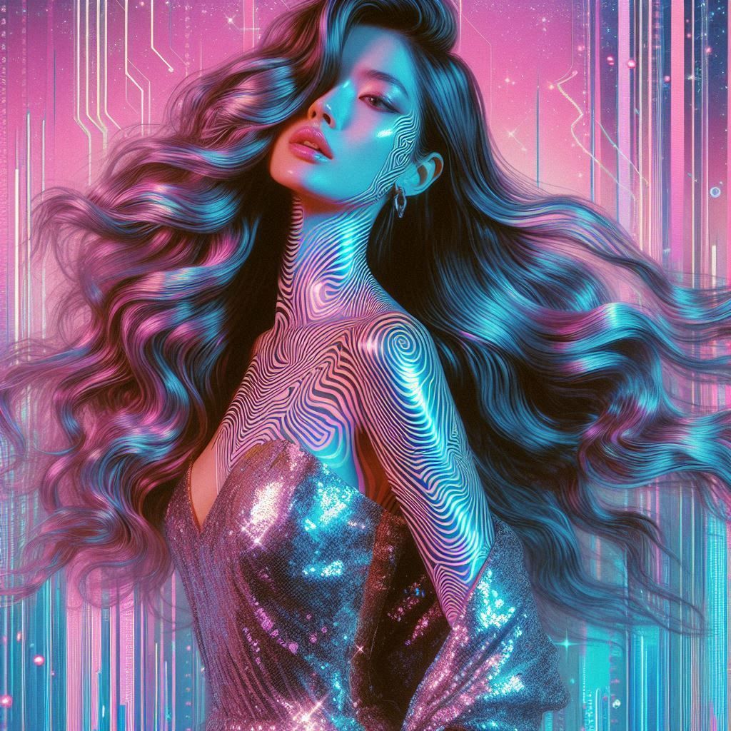 hajime sorayama 1980s retro futurism, irridescent zebra skin, female fashion model. long flowing hair, sequin dress. chr...