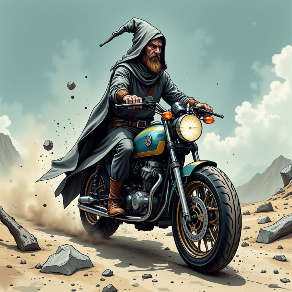 A wizard riding a futuristic motorcycle. <lora:Chaotic and Sporadic:1.0>