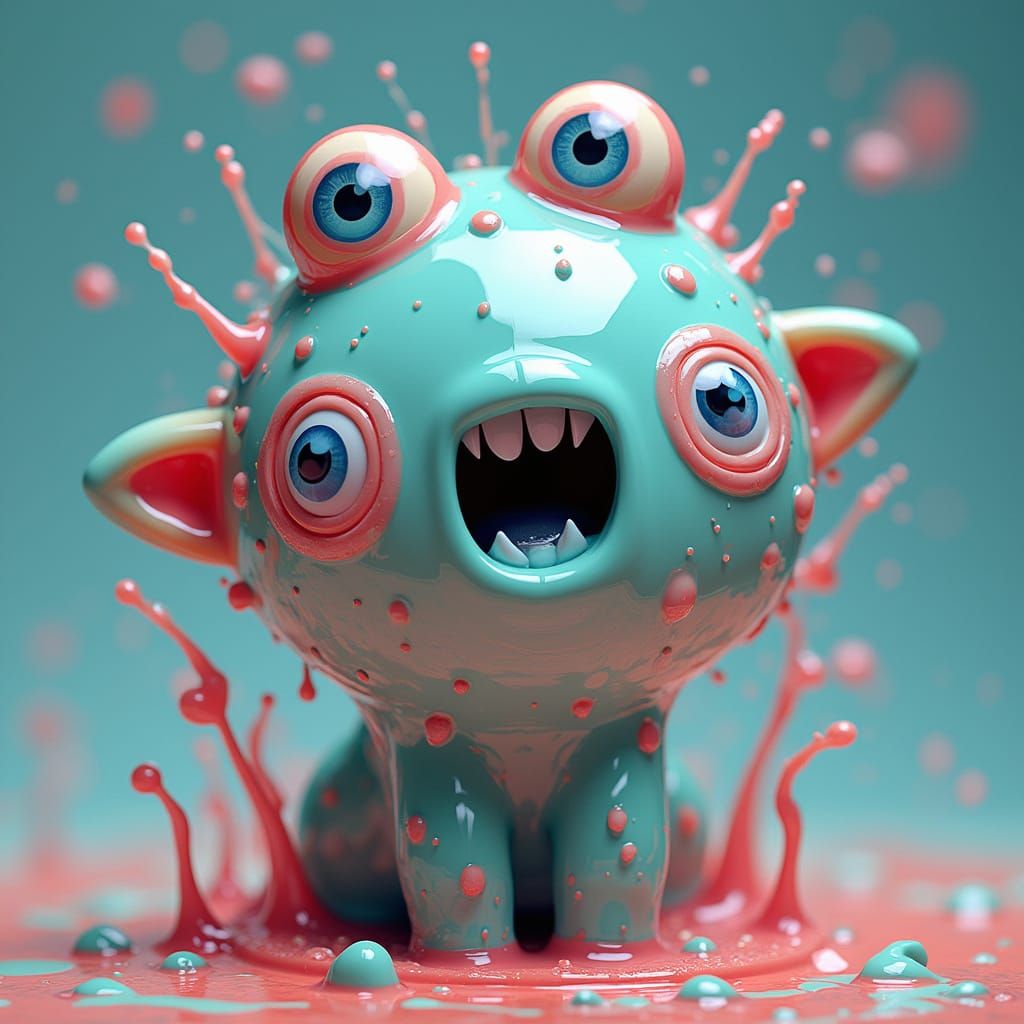 <lora:Flux Glas:1.0> a splashy cute  funny creature from liquid glas and goggling eyes inspired by comic-artists and splash-artists in a pho...