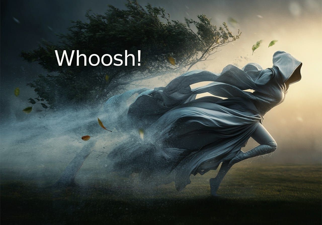 Large text across the image reads "Whoosh!":1.9, A stunning figure in a flowing, hooded cloak with intricate, billowing folds, blasted throu...