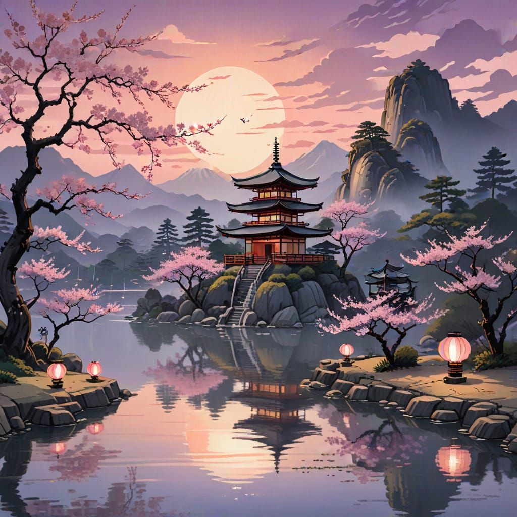 lanterns and waterfall in the morning 