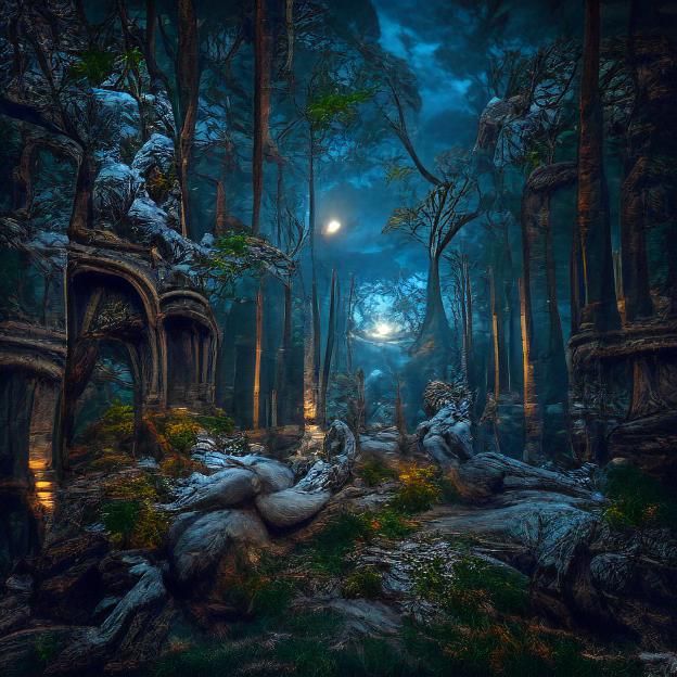 Night, Moon, Forest, Scenery, Digital Art, 8K, click image for HD Mobile  and Desktop wallpaper (7680x43…