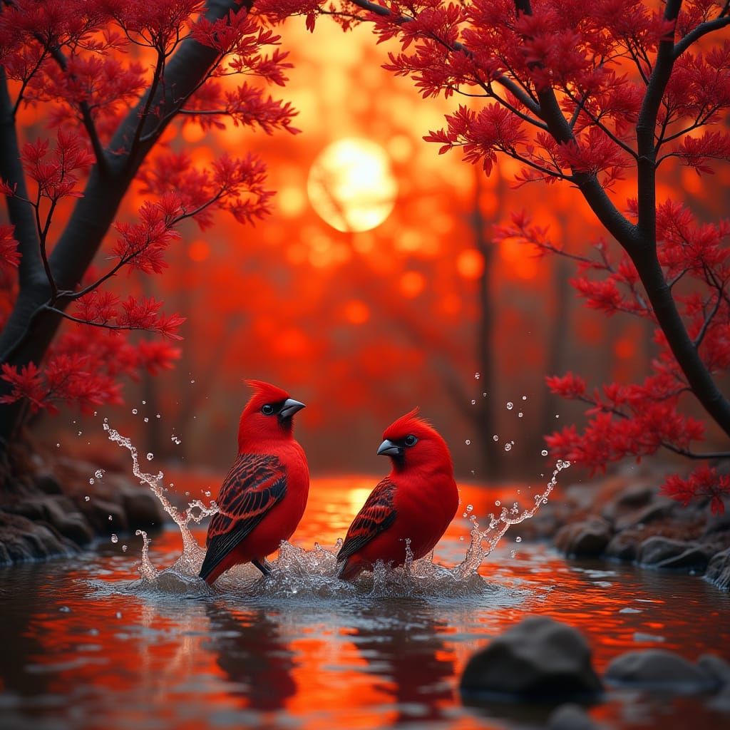 Crimson Rosellas at a fiery sunset  by @QSarah
