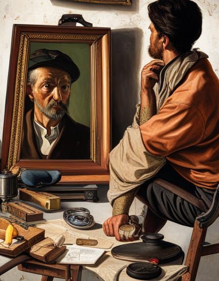 Self-portrait of an artist painting himself while looking in...