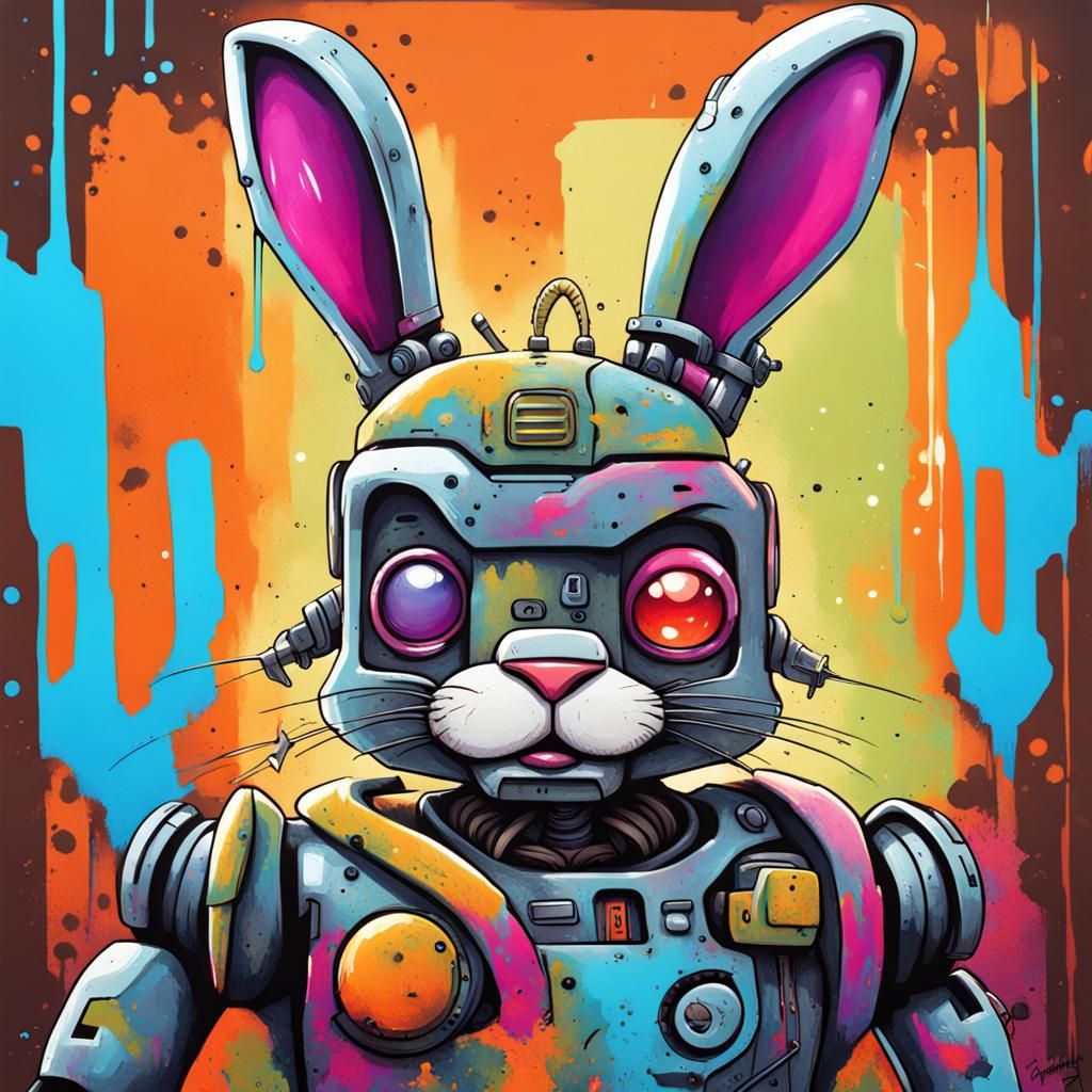 a grumpy robot rabbit