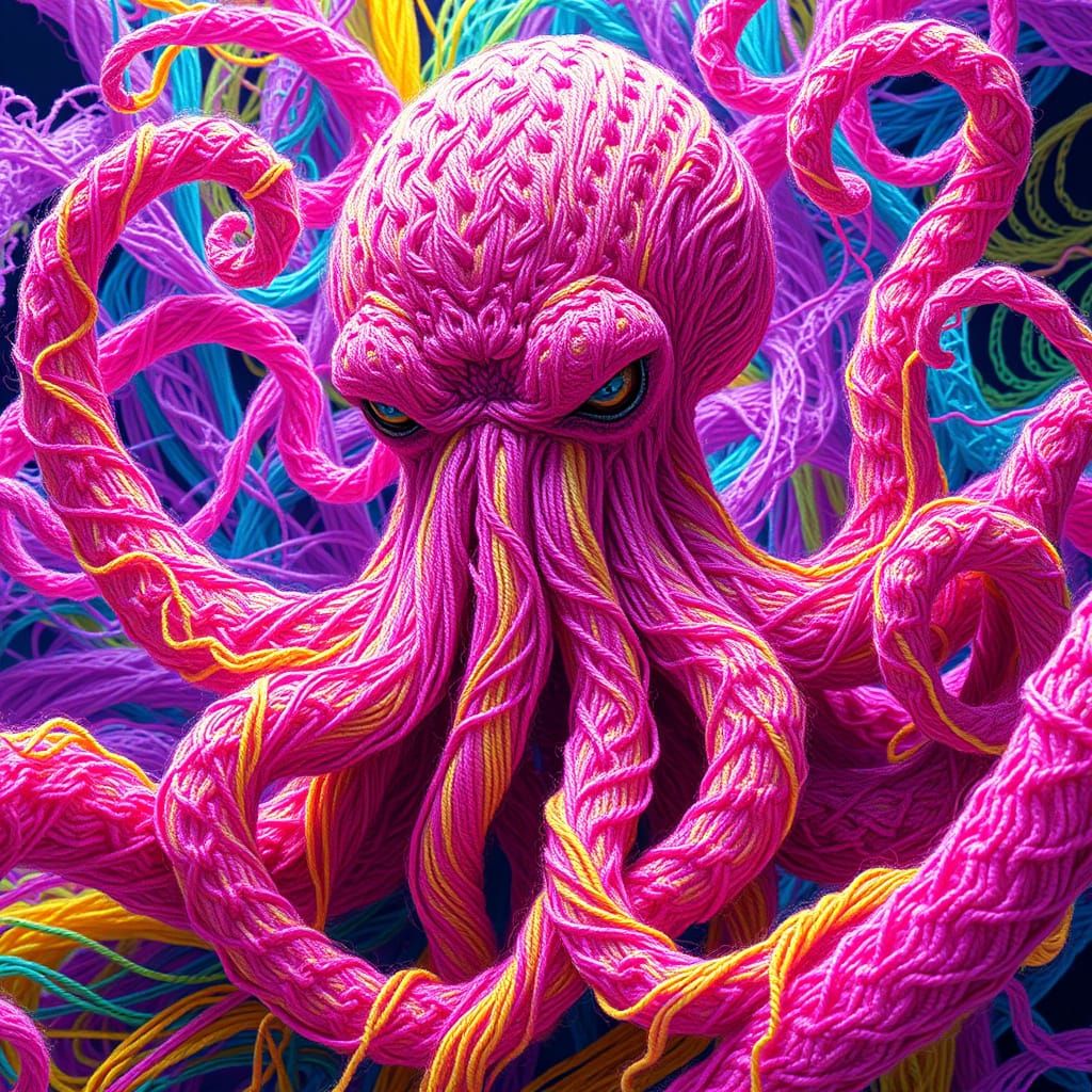  a picture of Cthulhu, bright colors, surreal, made from a rainbow of yarn, hyperdetailed  by @Kelli Benjamin-Limae Creations