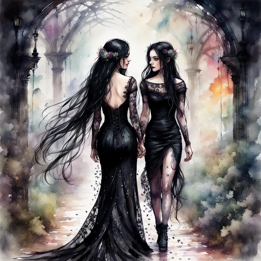 Beautiful black goth lesbian wedding, two beautiful long black hair