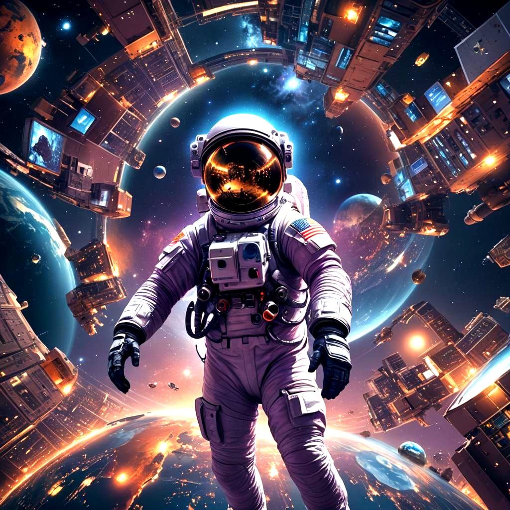 Astronaut in Space Gazing at Reflected Mars