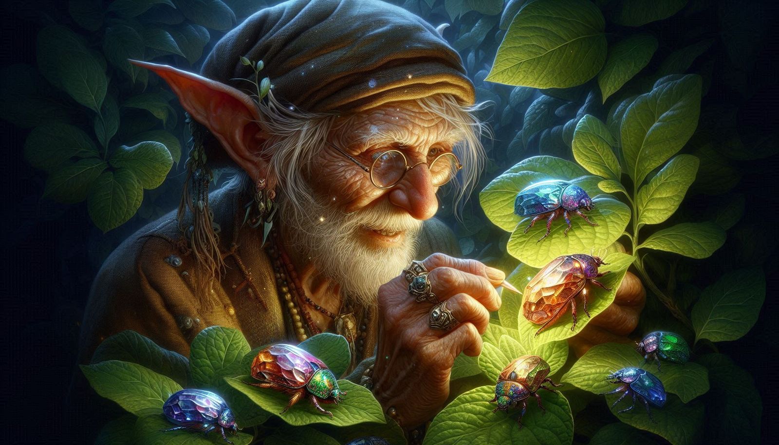 Gnome Entomologist Studying Jewel Beetles