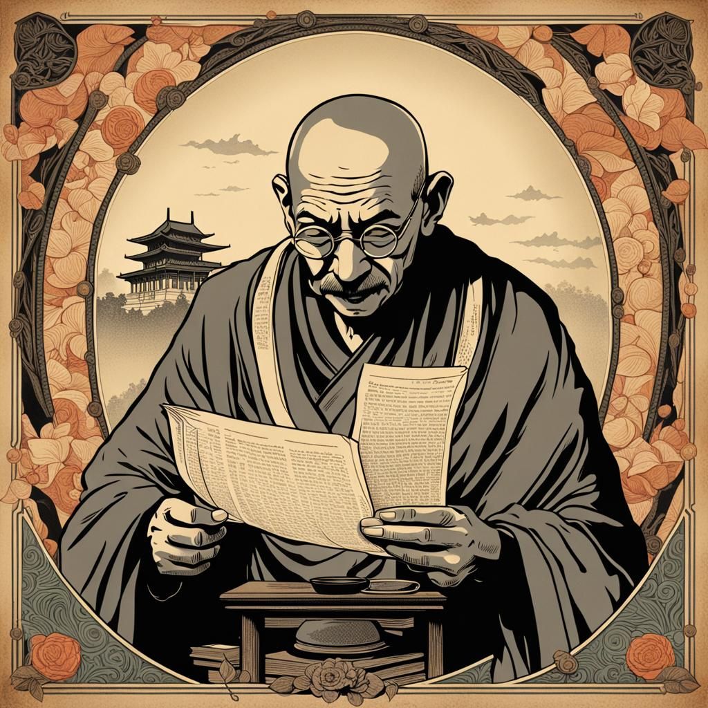 Gandhi with batman mask reading a sheet of paper with Japane...