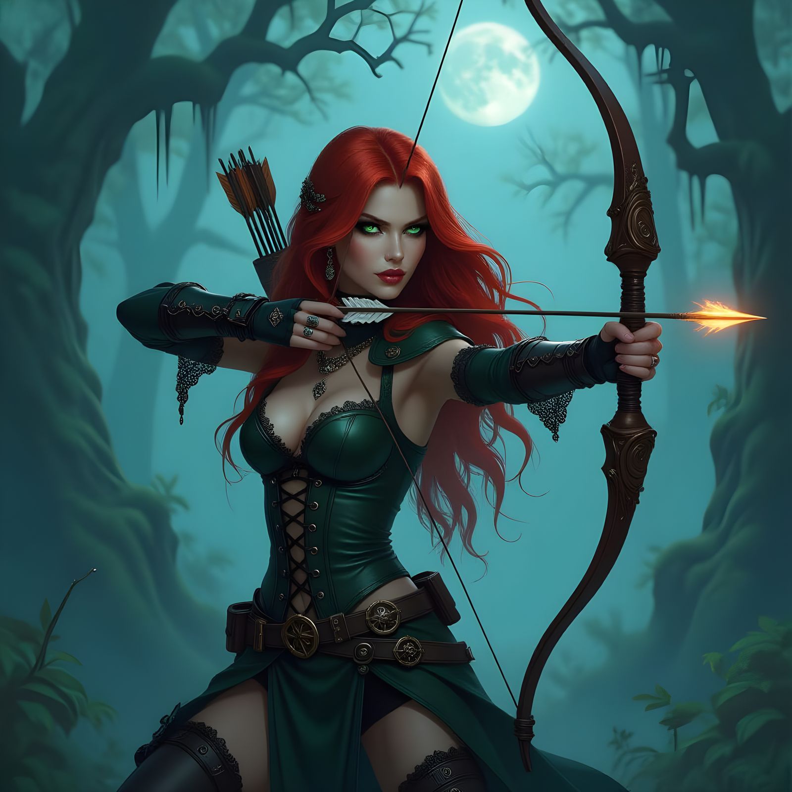 Gothic Huntress in Moonlit Forest with Steampunk Bow