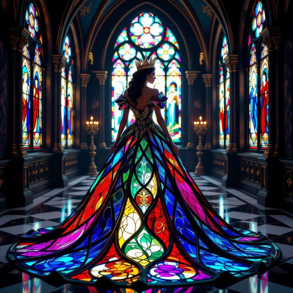 A fantasy queen wearing a gown made of stained glass  by @Soralba