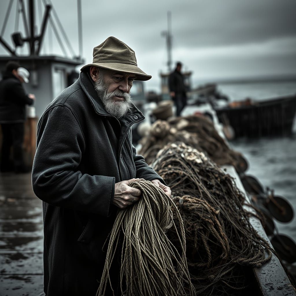Fisherman Mending Nets in Storm, Documentary Black and White