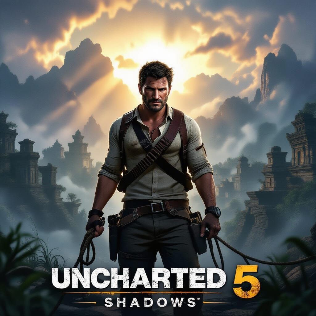 Nathan Drake, worn and weathered, stands valiantly, dusty shirt torn, holster at side, gripping rope, ...  by @Ambassador of Light