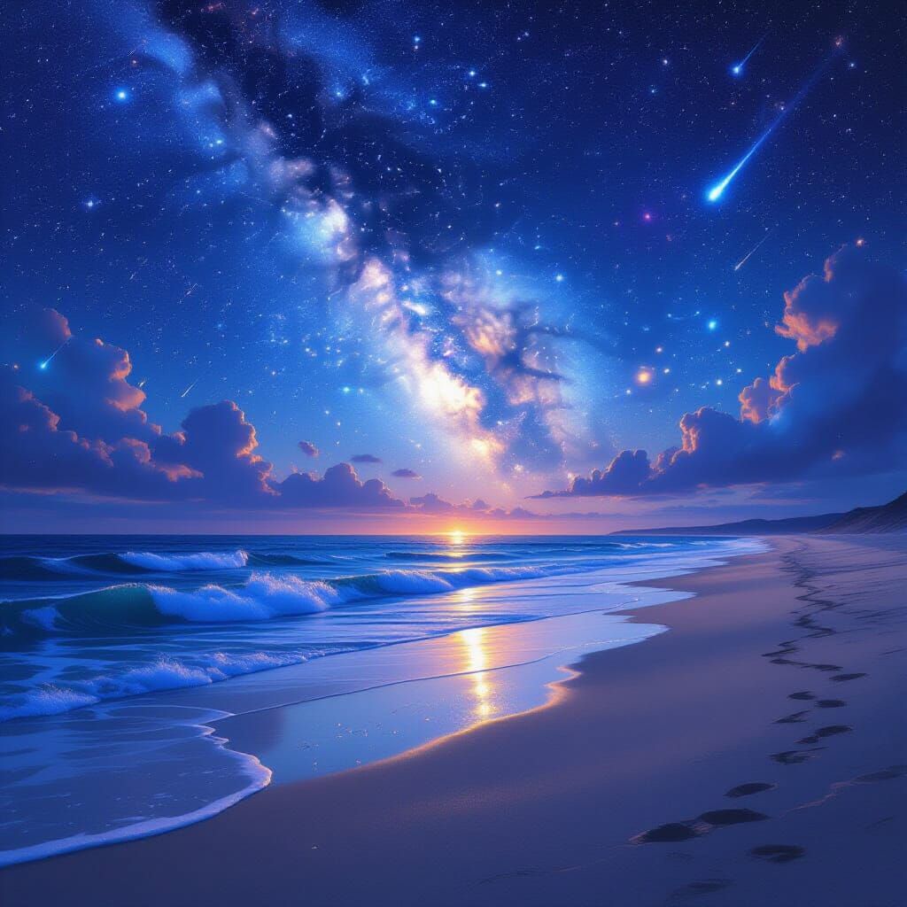 Cosmic Beach with Meteors and Nebulae