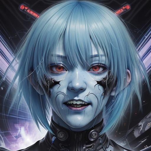 Close up of a person with blue hair and monstrous face, cybe...