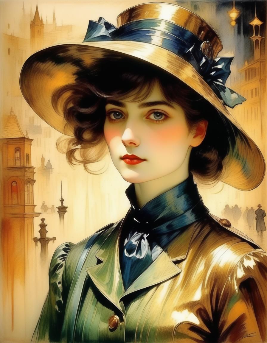 BEAUTIFUL WICKED Detective, 🎭🦹 Metallic Watercolor, Deep Saturation, Umberto Boccioni, George Henry Boughton.