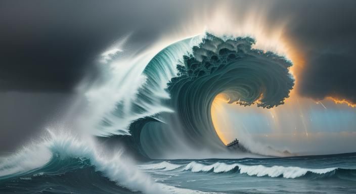 an anime style sea storm with big waves a rough sea with hug...