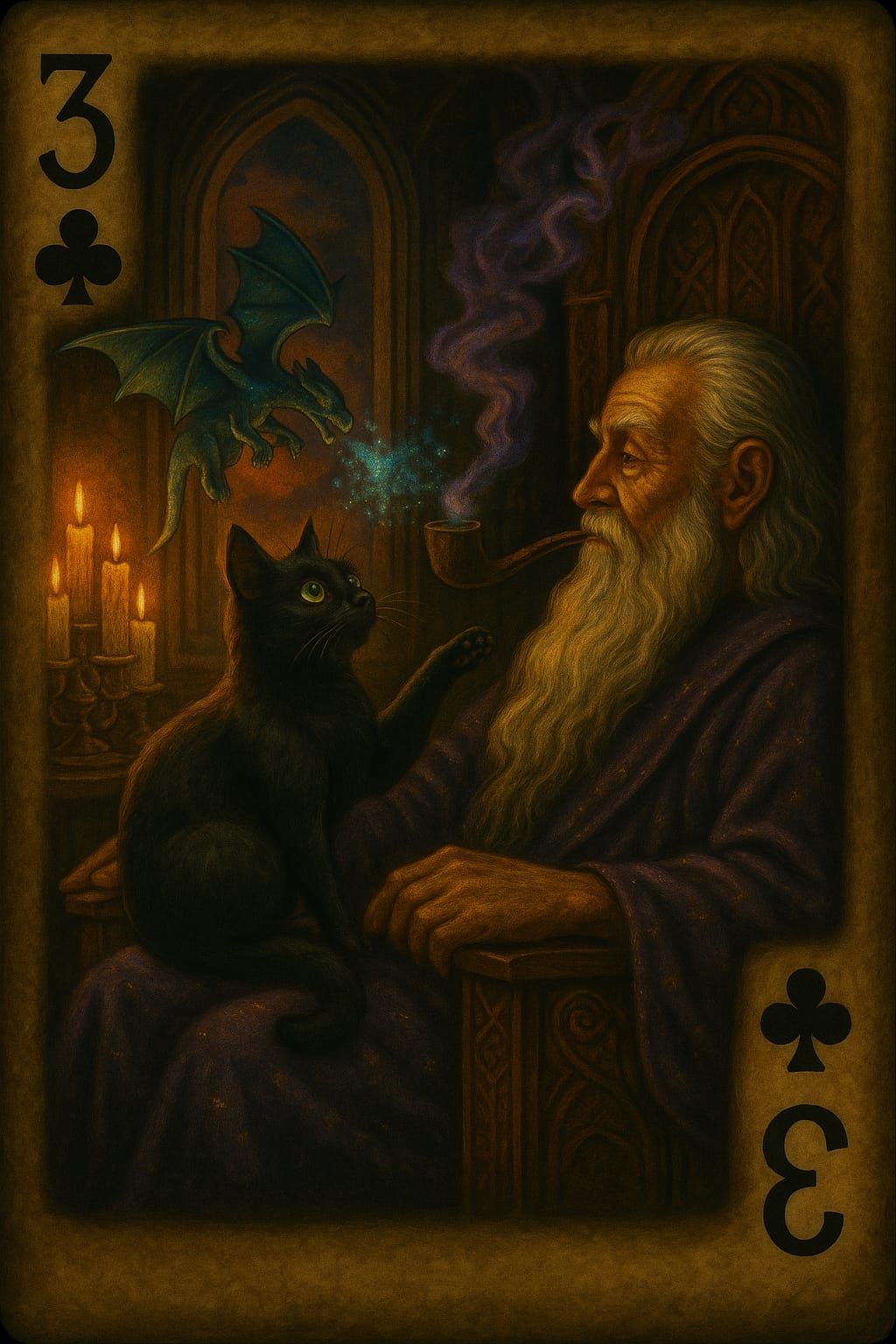 Albus, the Wizard, and a pekitinker 3 of Clubs