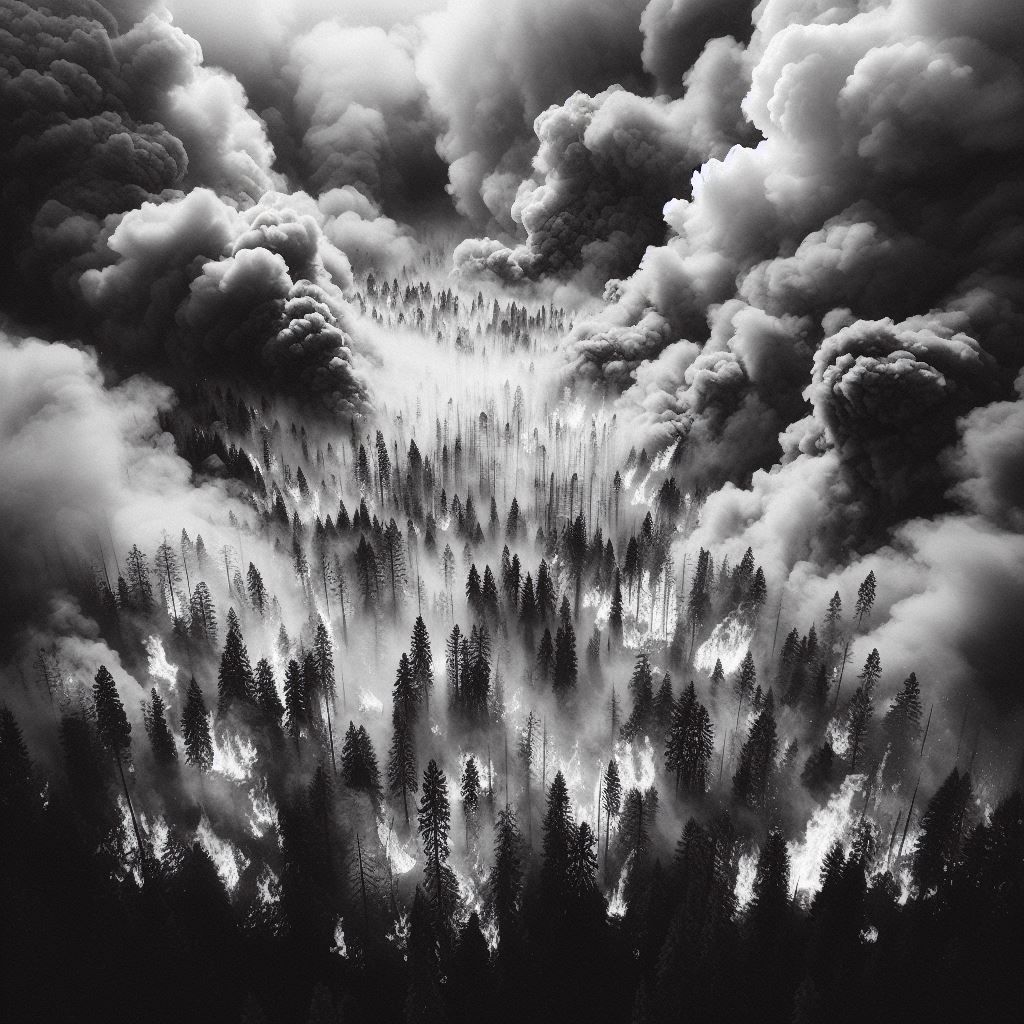 Black and white aerial image of a large forest fire