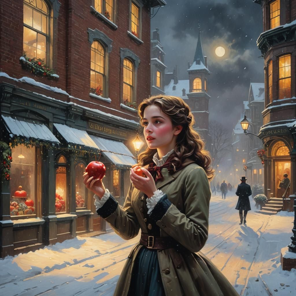 Oil Painting by James Gurney. Medium Shot. elegant pretty young victorian girl eating a candy apple  on Christmas night under falling snow,...