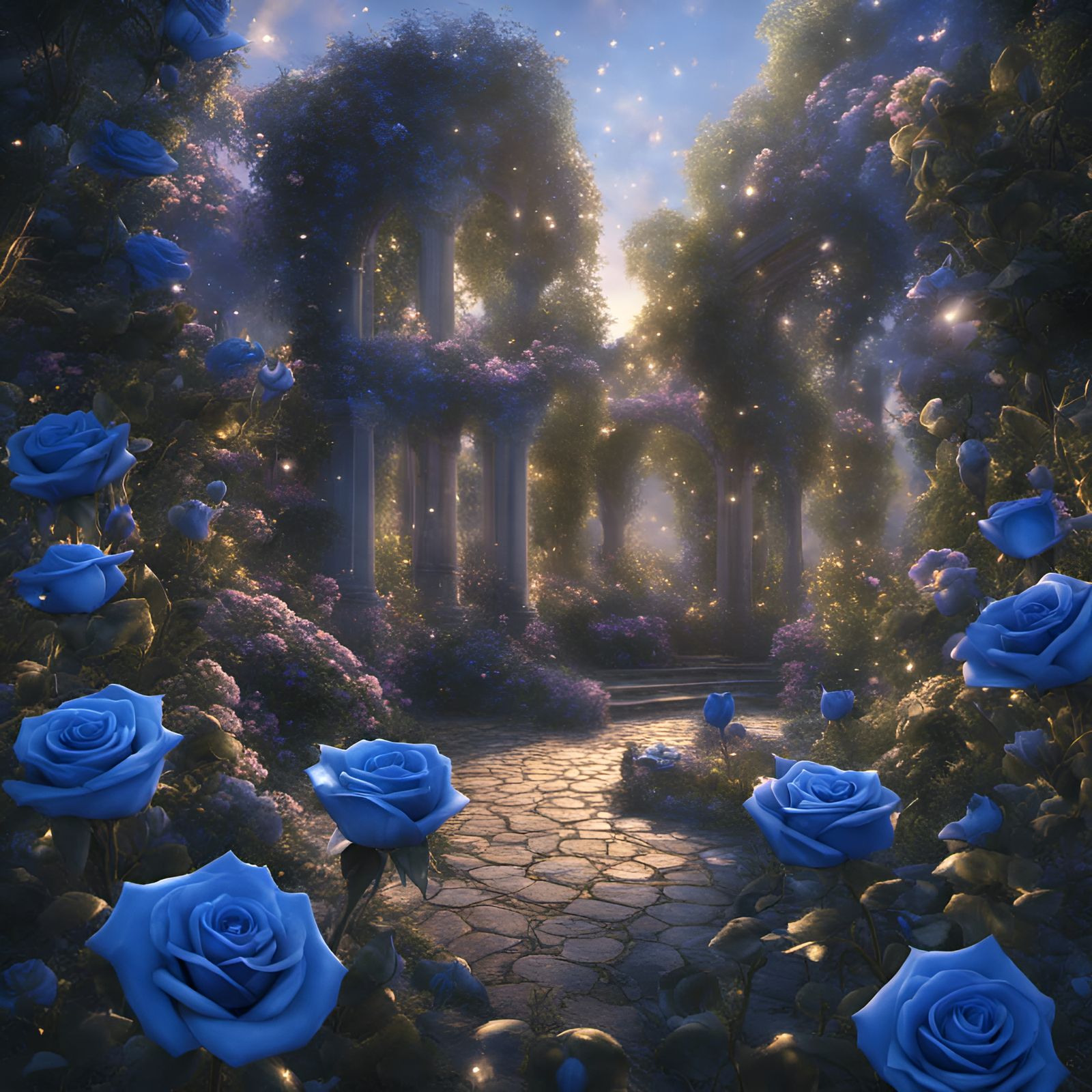 Blue roses sparkling shining shimmering glistening glittery in a garden
